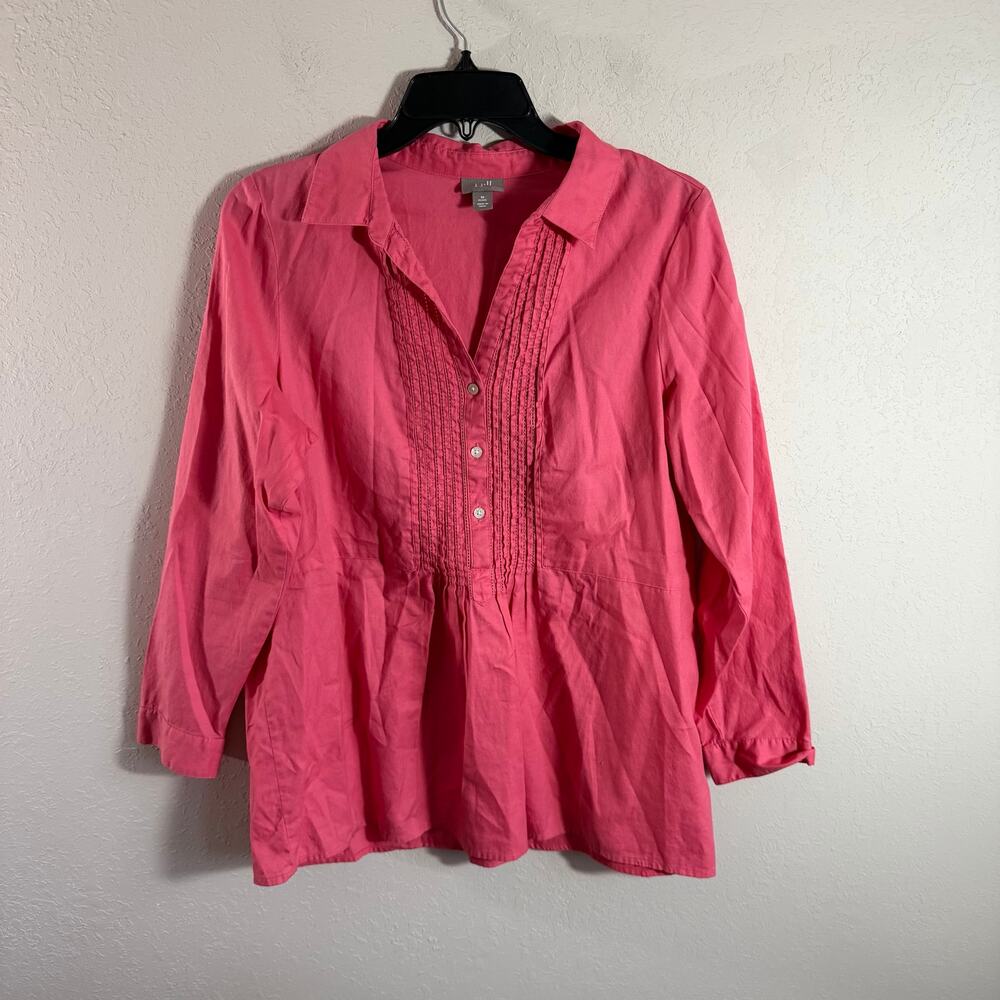 J.Jill Pink 100% Cotton Pintuck Popover Tunic Blouse Womens MP Coastal Grandma